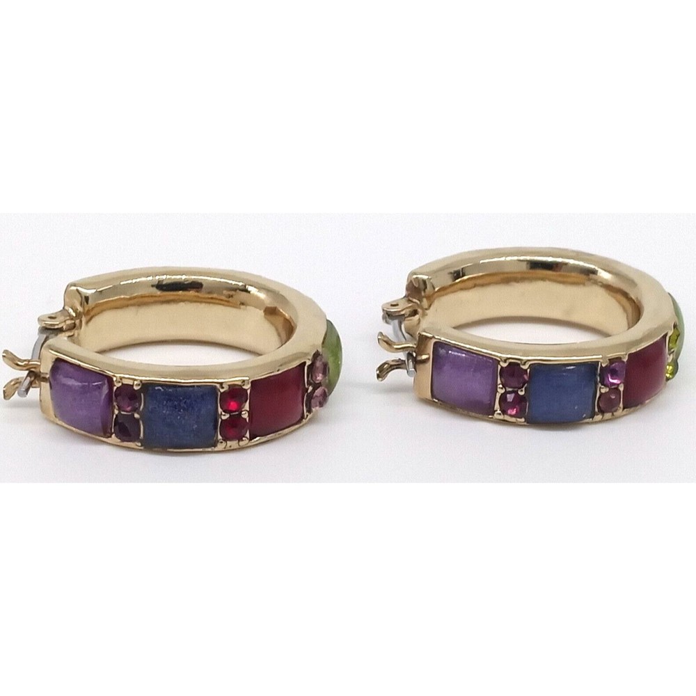 Liz Claiborne Hoop Earrings Multicolor Glass Stone Gold Tone Metal Vintage Shiny